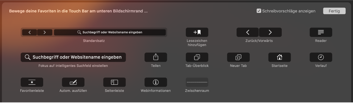 Die Optionen zum Anpassen von Safari, die in die Touch Bar bewegt werden können.