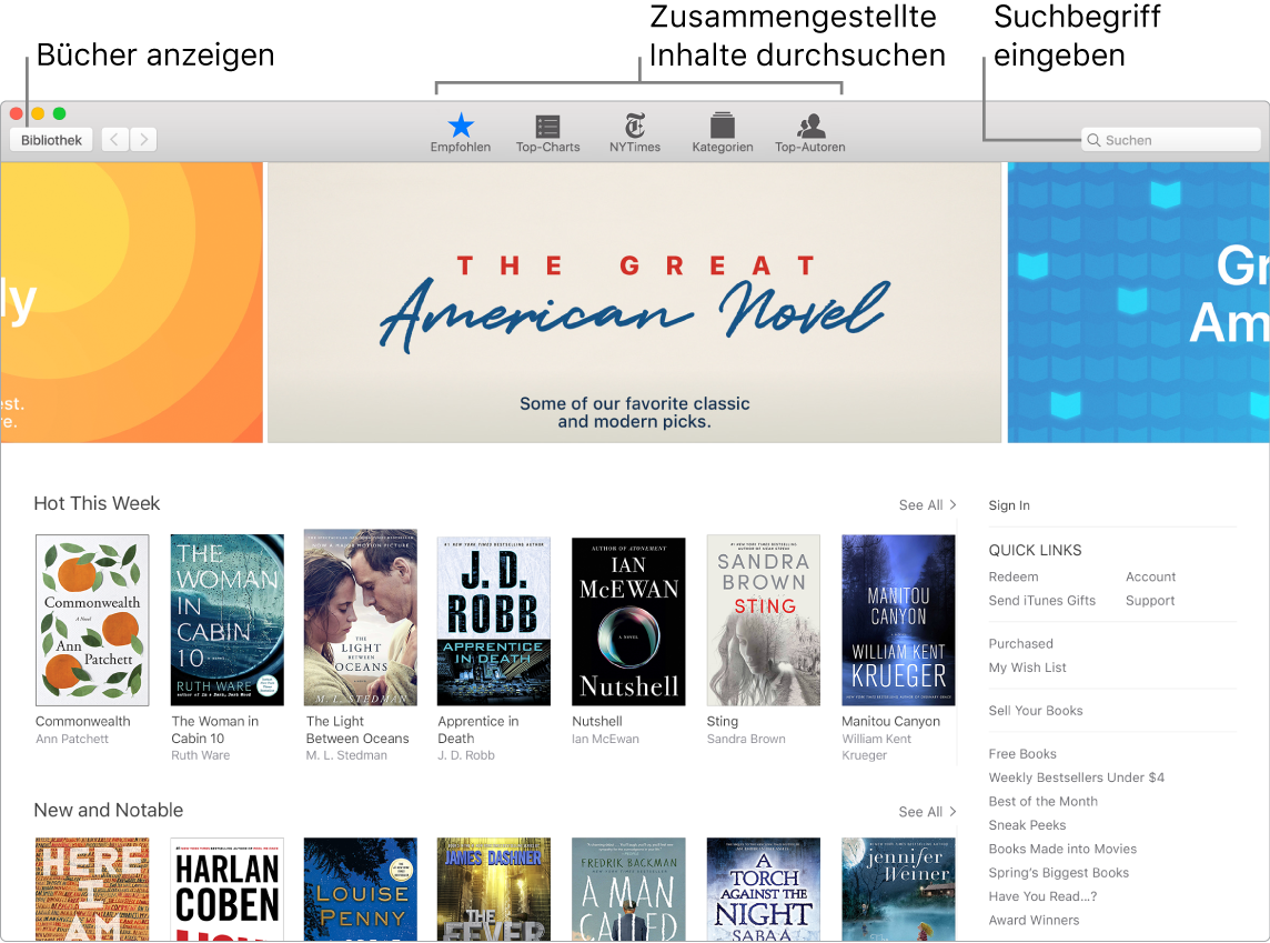 App-Fenster „Bücher“ mit Informationen zum Anzeigen von Büchern, Blättern in kuratierten Inhalten und Suchen.