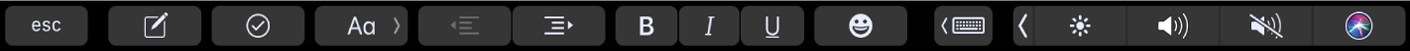 Die Notizen-Touch Bar mit Tasten für die Textformatierung Die Formatierungsoptionen umfassen die Ausrichtung nach links oder rechts, fette und kursive Schrift sowie Unterstreichen. Außerdem gibt es eine Taste zum Anzeigen von Schreibvorschlägen.