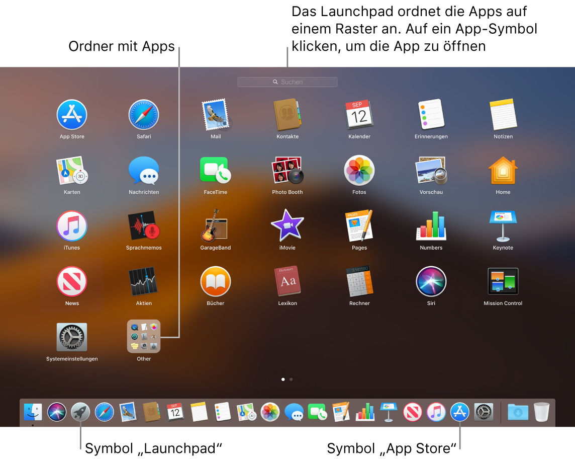 Mac-Bildschirm mit geöffnetem Launchpad, mit einem Ordner mit Apps im Launchpad und dem Launchpad-Symbol und Mac App Store-Symbol im Dock