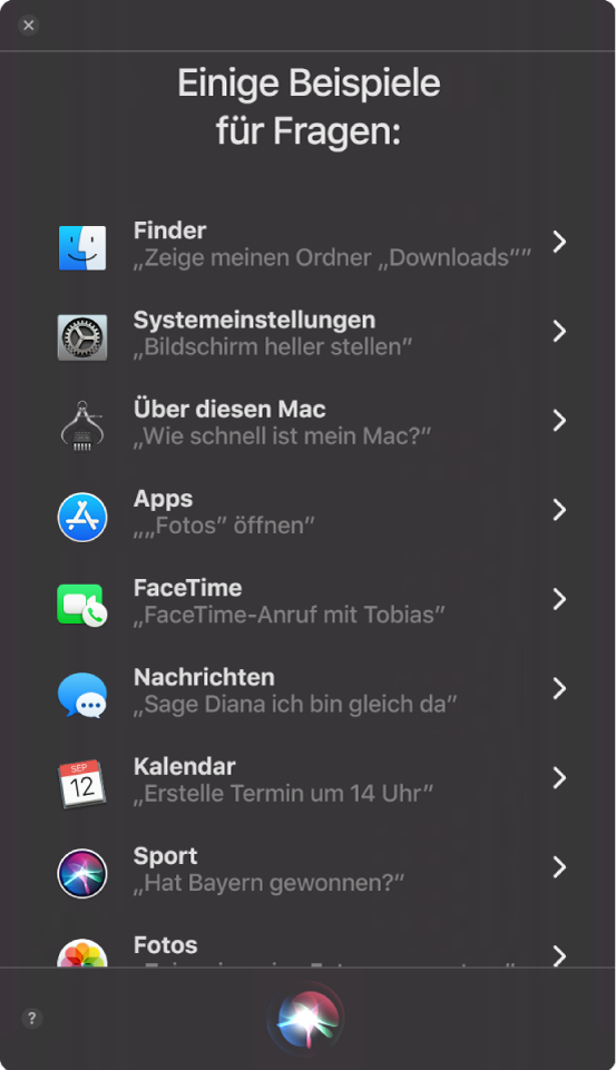 Ein Siri-Fenster mit der Überschrift „Dinge, die du mich fragen kannst“ und Siri-Beispielanfragen wie „Hat Bayern gewonnen?“