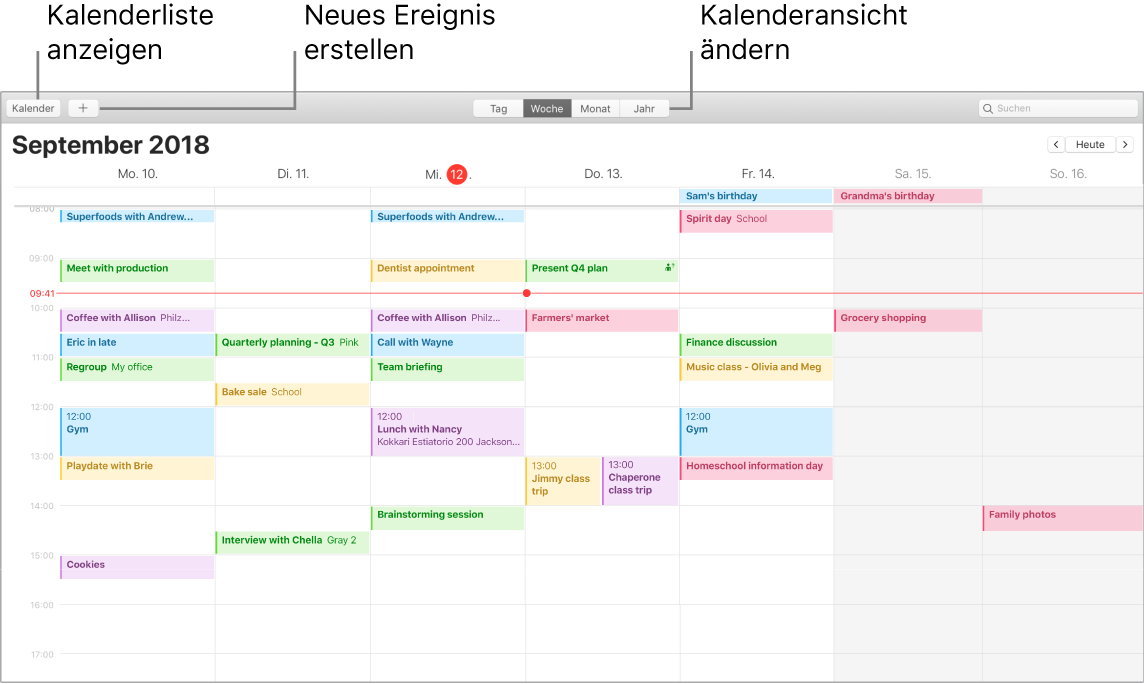 Kalender-Fenster mit Informationen zum Erstellen eines Ereignisses, Anzeigen einer Kalenderliste und zum Auswählen einer Darstellung in Tagen, Monaten oder Jahren