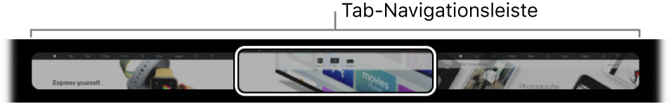 Die Tab-Navigationsleiste in der Safari-Touch Bar. Gezeigt wird eine kleine Vorschau jedes geöffneten Tabs.