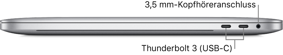 Ansicht der rechten MacBook Pro-Seite mit Beschriftungen der zwei Thunderbolt 3-Anschlüsse (USB-C) sowie des 3,5-mm-Kopfhöreranschlusses