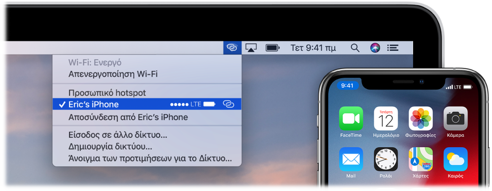 Η οθόνη του Mac στην οποία το μενού WiFi εμφανίζει ένα Προσωπικό hotspot συνδεδεμένο σε ένα iPhone.