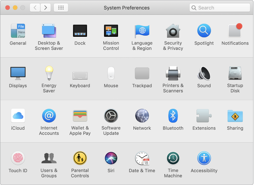 The System Preferences window.