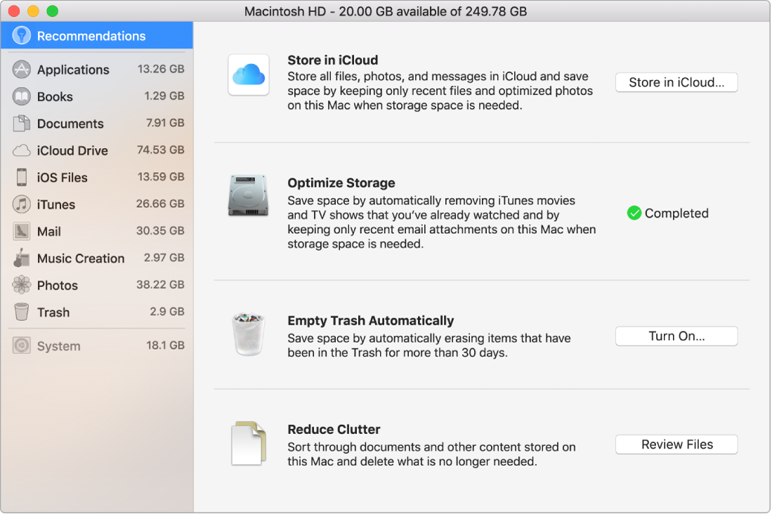 The Recommendations preferences for storage, showing the options Store in iCloud, Optimize Storage, Erase Trash Automatically, and Reduce Clutter.