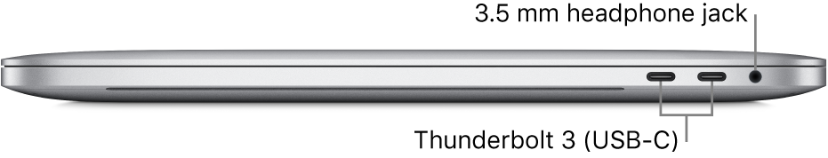 Right side view of a MacBook Pro with callouts to the two Thunderbolt 3 (USB-C) ports and the 3.5 mm headphone jack.