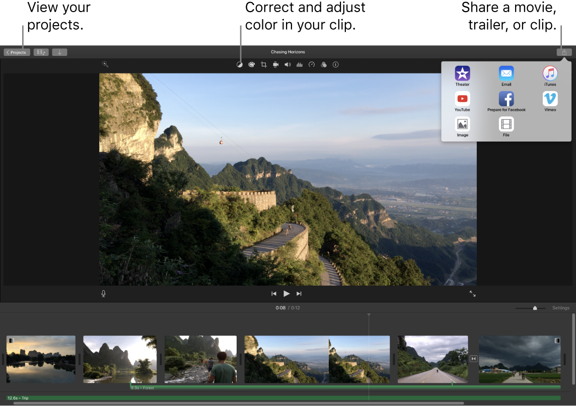 iMovie window showing the buttons for viewing projects, correcting and adjusting color, and sharing your movie, trailer, or film clip.