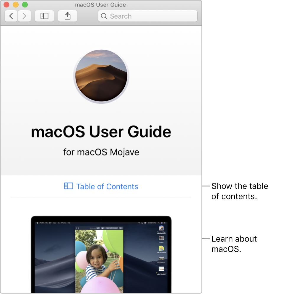 macOS User Guide welcome page showing the Table of Contents link.