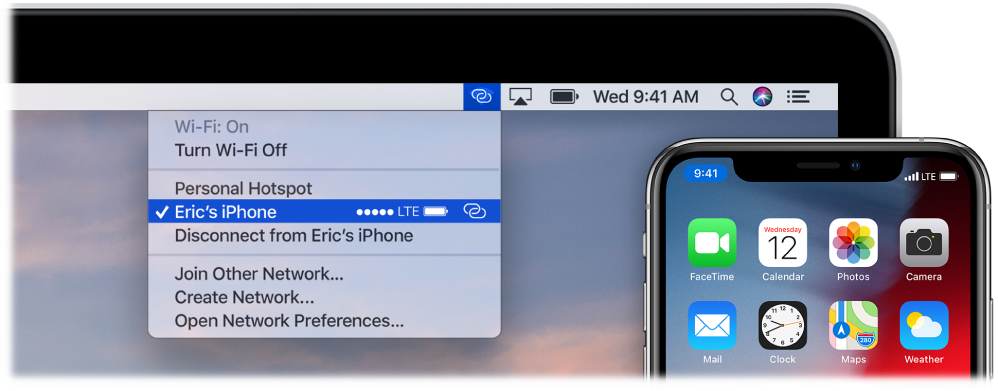 The Mac screen with the Wi-Fi menu showing a Personal Hotspot connected to an iPhone.