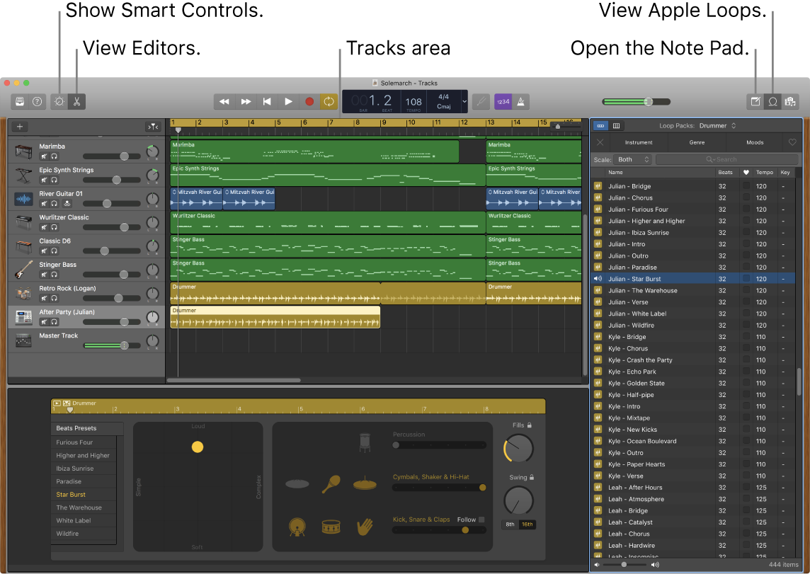 GarageBand window showing the buttons for accessing Smart Controls, Editors, Notes, and Apple Loops. It also shows the tracks display.