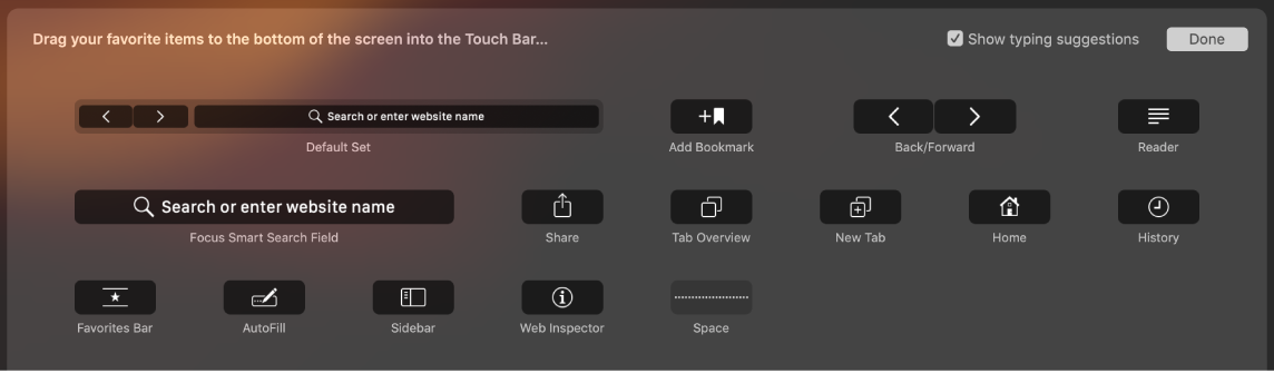 The Customize Safari options that can be dragged into the Touch Bar.