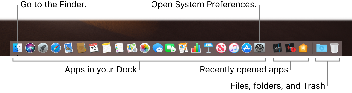 The Dock, showing the Finder, System Preferences, and the line in the Dock that divides apps from files and folders.