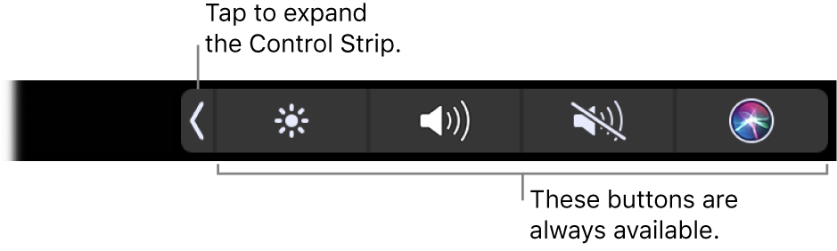 A partial screen of the default Touch Bar, showing the compressed Control Strip. Tap the expand button to show the full Control Strip.