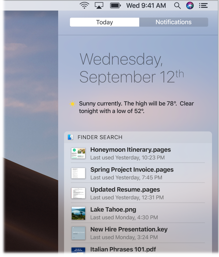 A partial desktop screen showing Notification Center open with the Today tab selected.