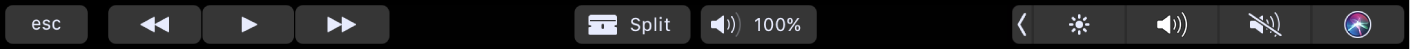 The iMovie Touch Bar when a clip is playing. There are buttons for rewind, play, fast-forward, split, and volume.