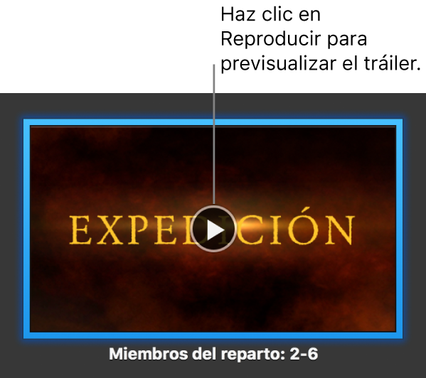 Pantalla de un tráiler de iMovie mostrando el botón Reproducir.