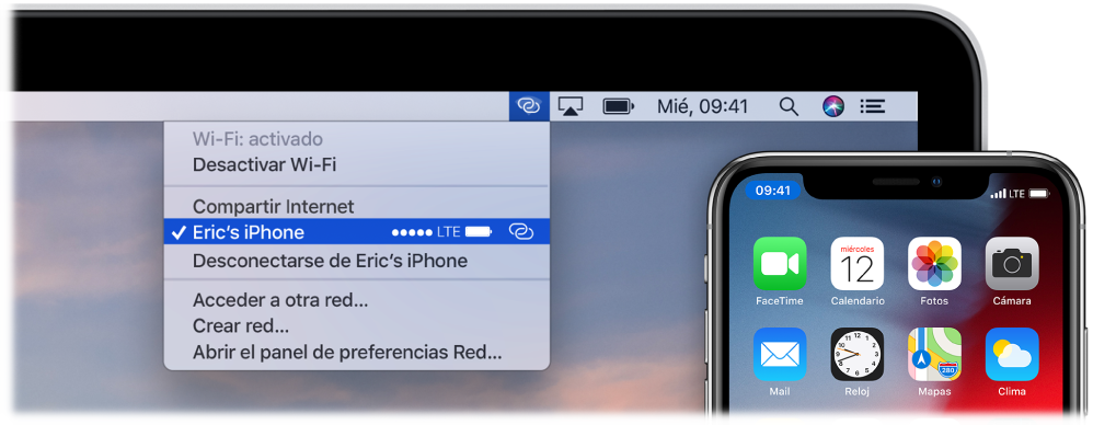 La pantalla de la Mac con el menú Wi-Fi mostrando una conexión de "Compartir Internet" con un iPhone.