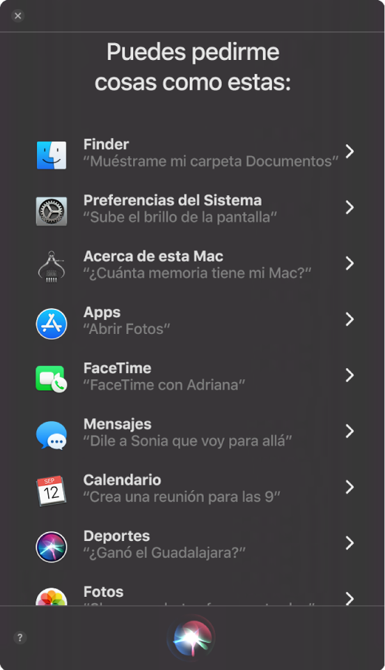 Una ventana de Siri con el encabezado "Puedes pedirme cosas como estas" y ejemplos de peticiones de Siri, tales como "¿Ganó el Guadalajara?".