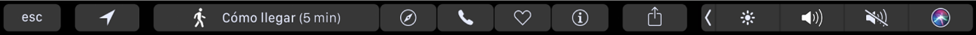 Touch Bar de Mapas mostrando que puede tocar "Cómo llegar" para obtener indicaciones, o tocar los botones Safari, llamada, favorito e información.