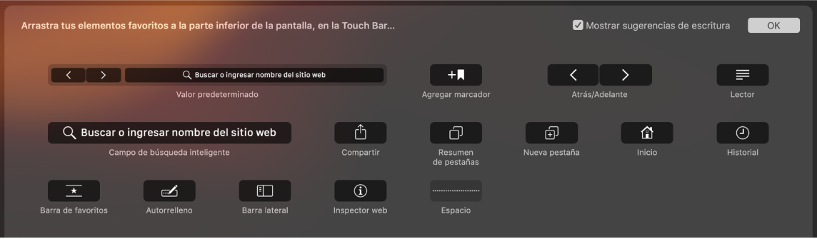 Las opciones Personalizar Safari que se pueden arrastrar a Touch Bar.