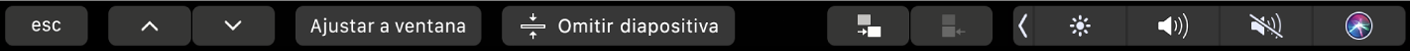 Touch Bar de Keynote con los botones de flecha, el botón de Zoom, el botón omitir dispositiva, el botón de sangría y el botón de sangría derecha.