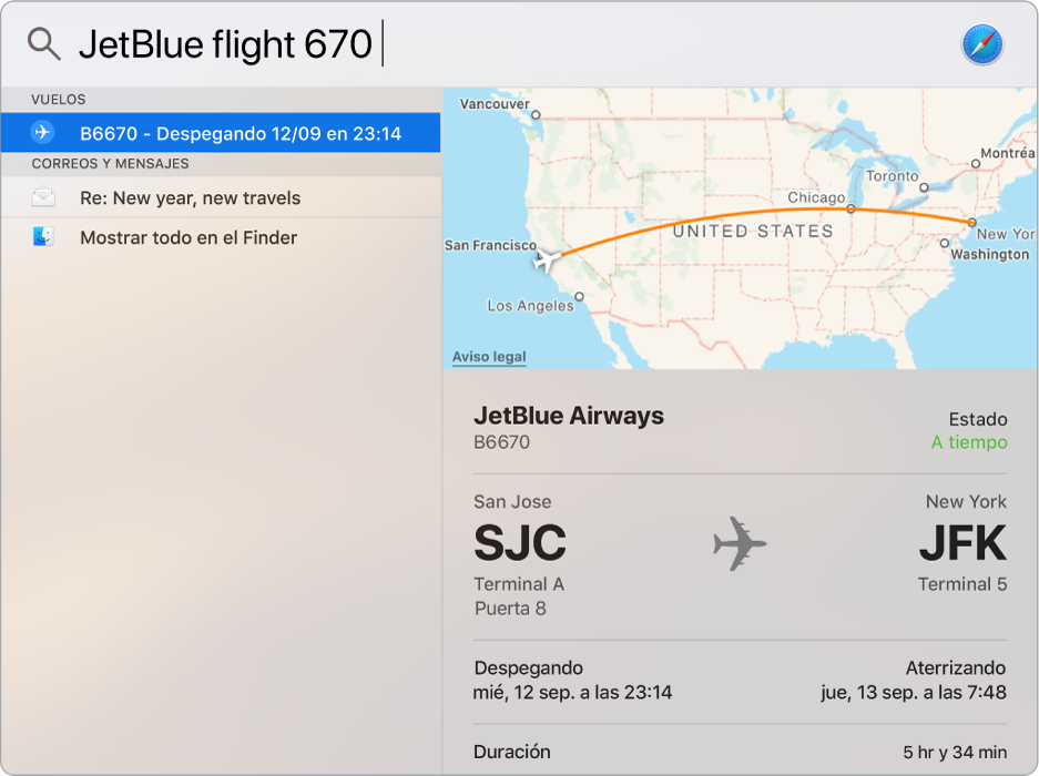 La ventana de Spotlight mostrando un mapa e información de un vuelo que buscaste.