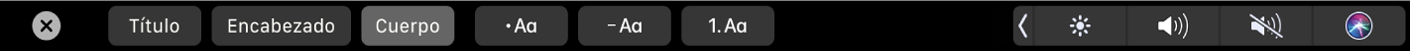 Touch Bar de Notas con botones para elegir estilos de párrafo incluyendo Título, Encabezado y Cuerpo, y también botones para agregar opciones de lista incluyendo viñetas, guiones y números.