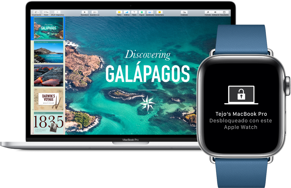 Un Apple Watch con una MacBook Pro mostrando un mensaje indicando que la Mac se desbloqueó con el Apple Watch.