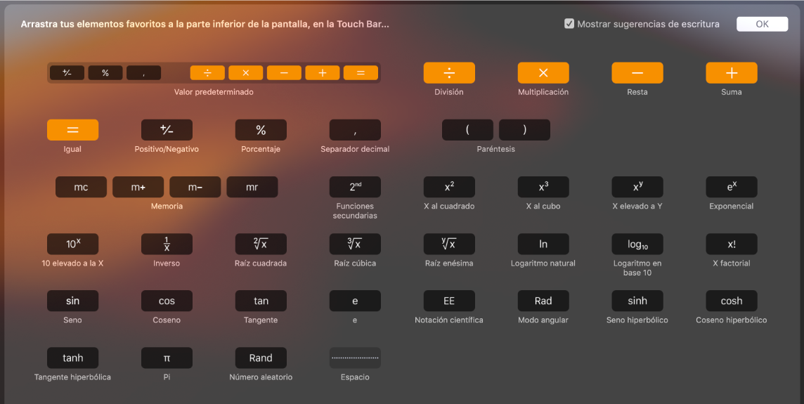 Los elementos que puedes personalizar en Touch Bar de Calculadora con sólo arrastrarlos hacia Touch Bar.