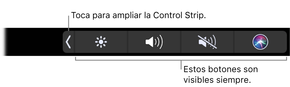 Pantalla parcial que muestra la Touch Bar por omisión, donde se ve la Control Strip contraída. Toca el botón Expandir para ver toda la Control Strip.