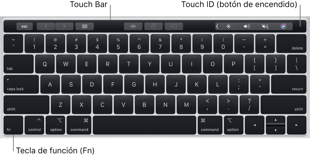 El teclado de la MacBook Pro mostrando la Touch Bar, el sensor Touch ID (el botón de encendido) y la tecla de función Fn en la esquina inferior izquierda.