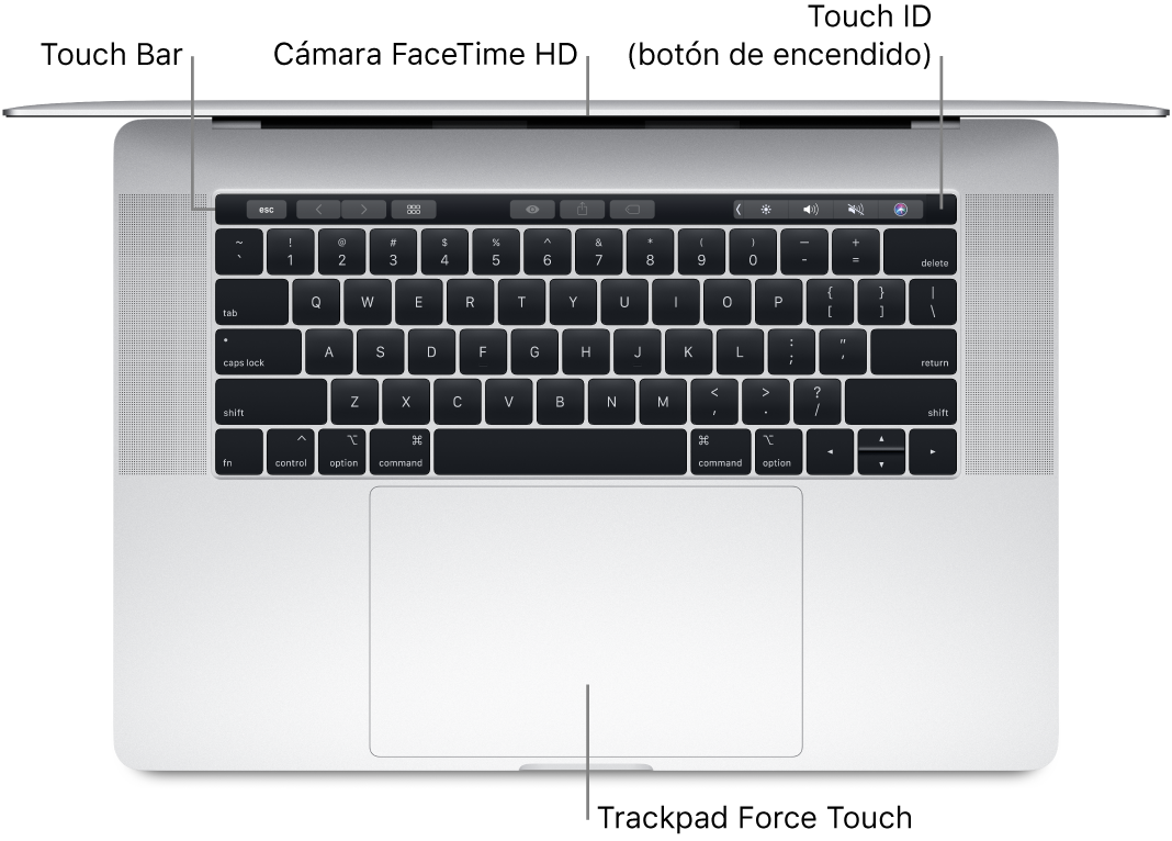 Visualización superior de una MacBook Pro abierta, con textos que indican la Touch Bar, la cámara FaceTime HD, el sensor Touch ID (el botón de encendido) y el trackpad Force Touch.