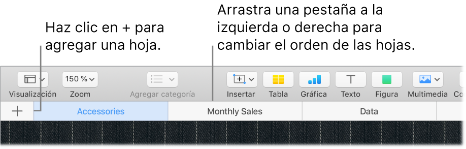 Ventana de Numbers mostrando cómo agregar una hoja nueva y cómo cambiar el orden de las hojas.