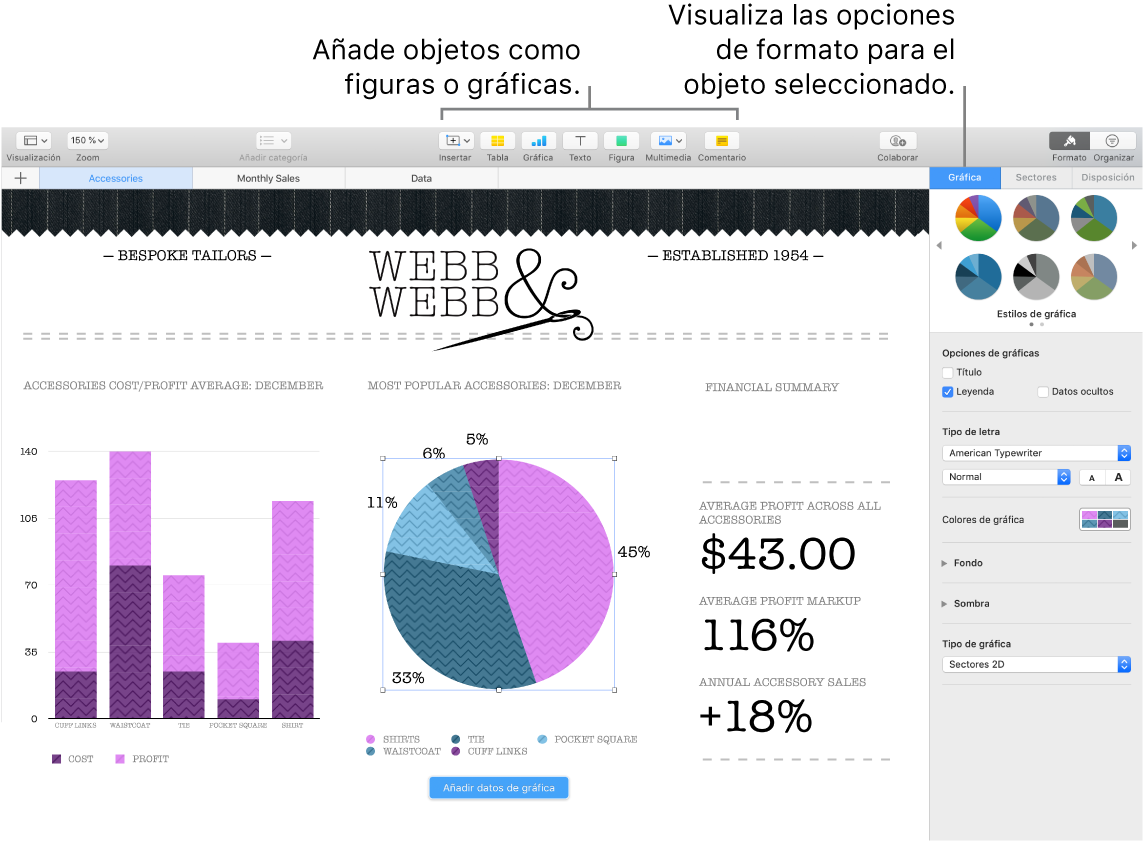 Ventana de Numbers con indicaciones sobre las categorías de objetos que se pueden añadir y a las opciones de formato de los objetos.