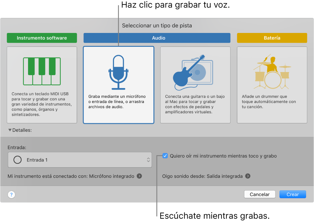 Panel de instrumentos de GarageBand en el que se muestra dónde hacer clic para grabar una voz y cómo escucharte a ti mismo mientras grabas.