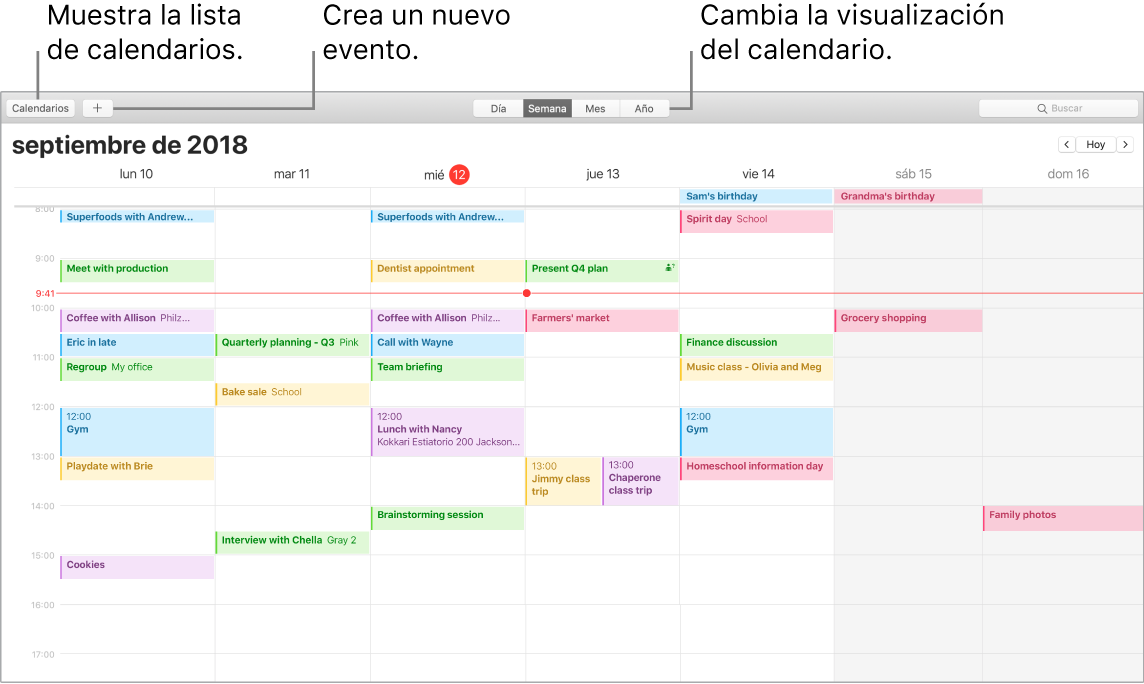 Ventana de Calendario donde se muestra cómo crear un evento, cómo mostrar la lista de calendarios y cómo seleccionar la vista Día, Semana, Mes o Año.