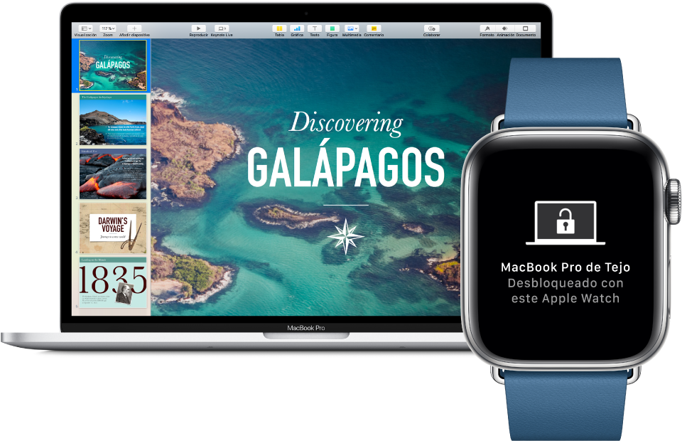 Un Apple Watch junto a un MacBook Pro, que muestra un mensaje indicando que el Apple Watch ha desbloqueado el Mac.