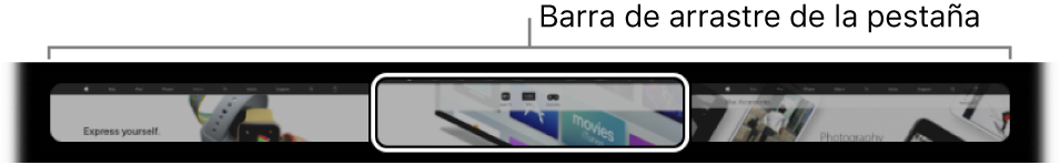La barra de arrastre de pestañas de la Touch Bar de Safari. Muestra una pequeña previsualización de cada pestaña abierta.