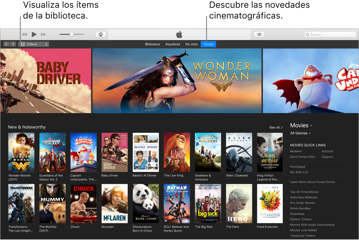 Ventana de iTunes donde se muestra cómo ver la biblioteca, suscribirse a Apple Music y buscar nuevos lanzamientos.