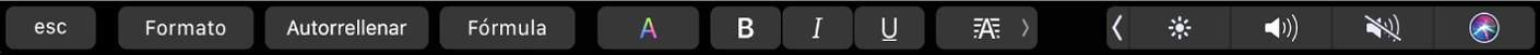 La Touch Bar de Numbers con botones de Formato, Autorrelleno y Fórmula. También hay botones de formato de texto de color, negrita, cursiva, subrayado y alineación.