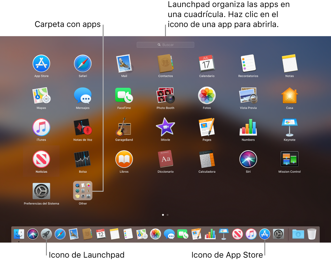 Pantalla del Mac con Launchpad abierto, donde se muestra una carpeta de apps en Launchpad y los iconos de Launchpad y de Mac App Store en el Dock.