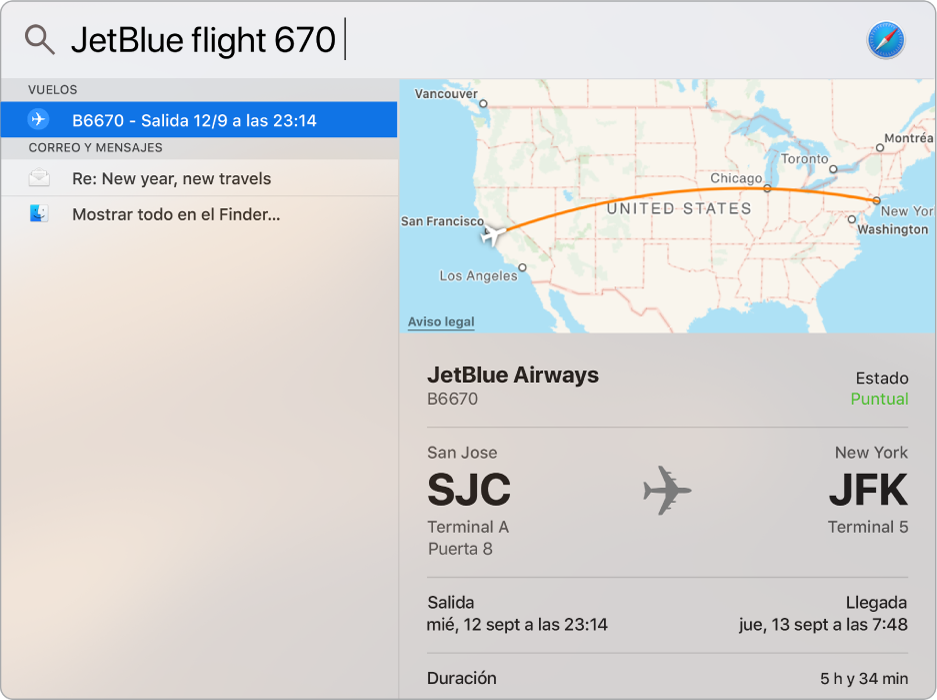Ventana de Spotlight con un mapa e información del vuelo que has buscado.