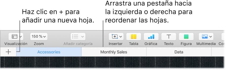 Ventana de Numbers donde se muestra cómo añadir una nueva hoja y cómo reordenar las hojas.