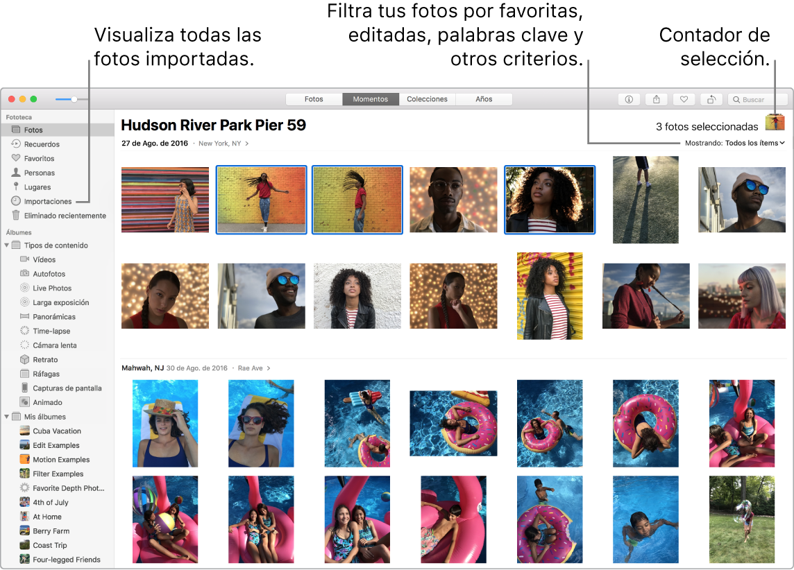 La ventana de Fotos, con varias fotos seleccionadas e indicaciones de cómo filtrar las fotos del álbum y cómo usar la barra lateral.