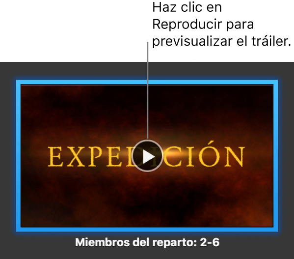 Pantalla con un tráiler de iMovie donde se muestra el botón de reproducción.