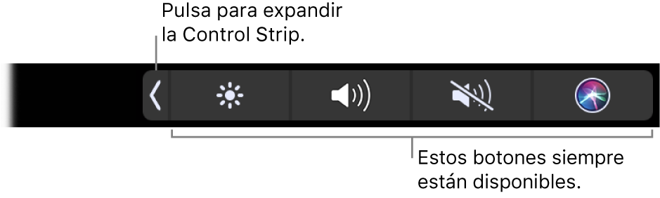Pantalla parcial de la Touch Bar por omisión, con la Control Strip comprimida. Pulsa el botón de ampliar para mostrar la Control Strip completa.