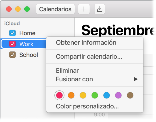 Menú de función rápida de Calendario con opciones para personalizar el color de un calendario.