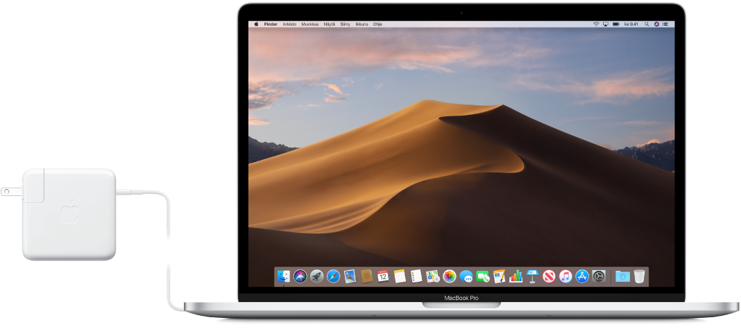 MacBook Pro, jossa on virtalähde kytkettynä.